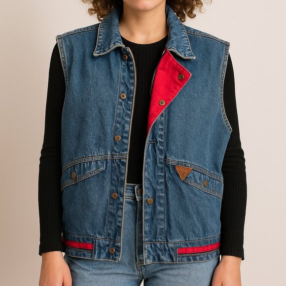 Vintage Denim Utility Vest – Red Lining, Snap Buttons - Picture 12 of 12